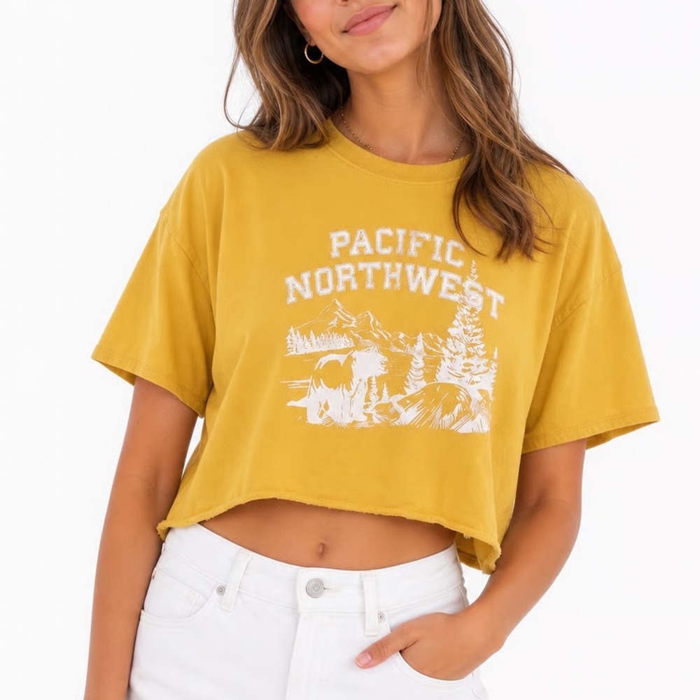 Grayson Threads Pacific Northwest Bear Graphic Cropped T-Shirt Yellow Small